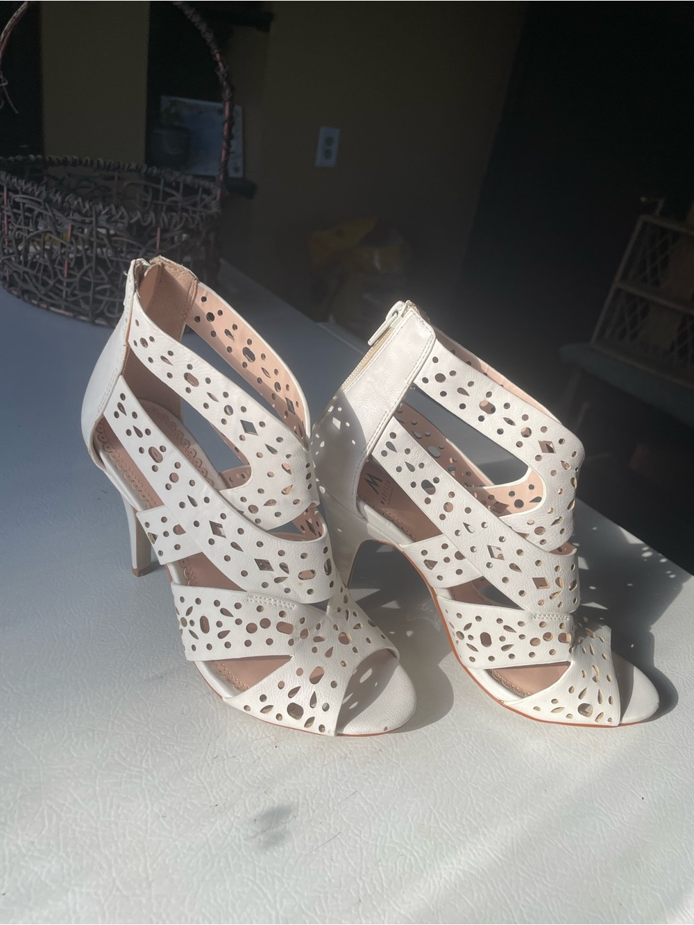 Shoe Dazzle White Cutout Strappy High Heels